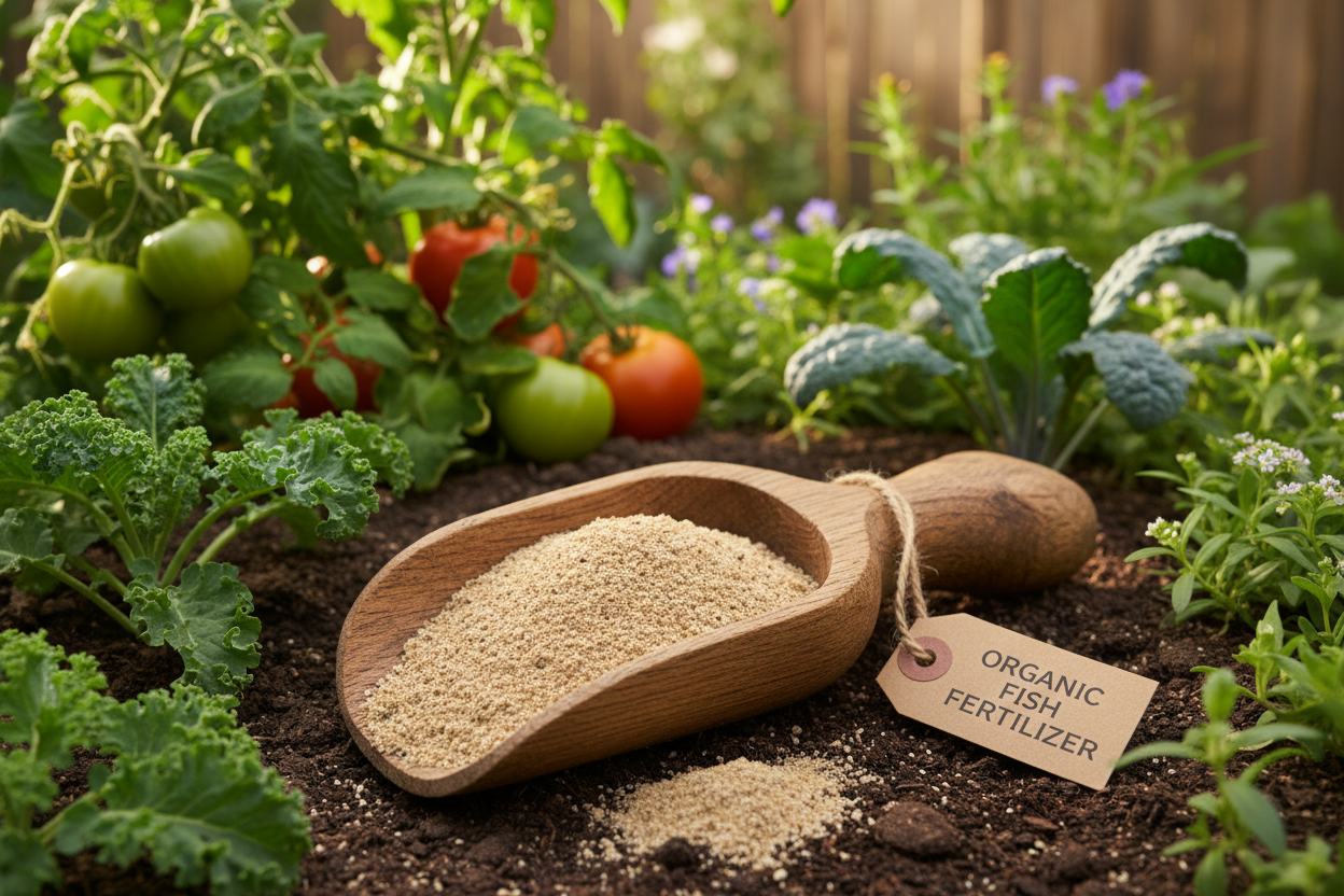 organic fish fertilizer powder form in the garden